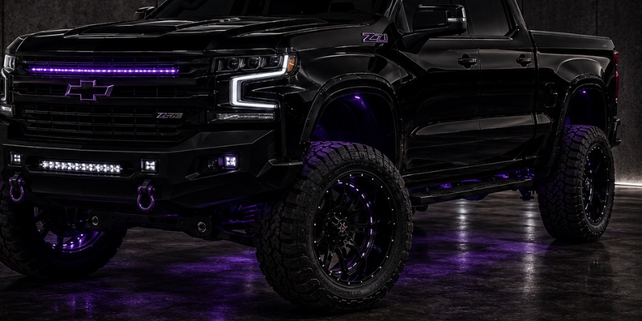 Urban Outlaw lifted Silverado with purple lighting at night